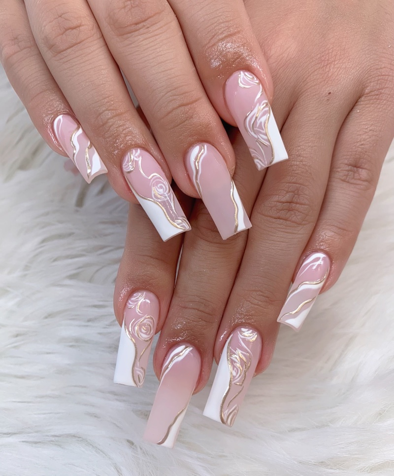 Pink Gold Marble Long Nails