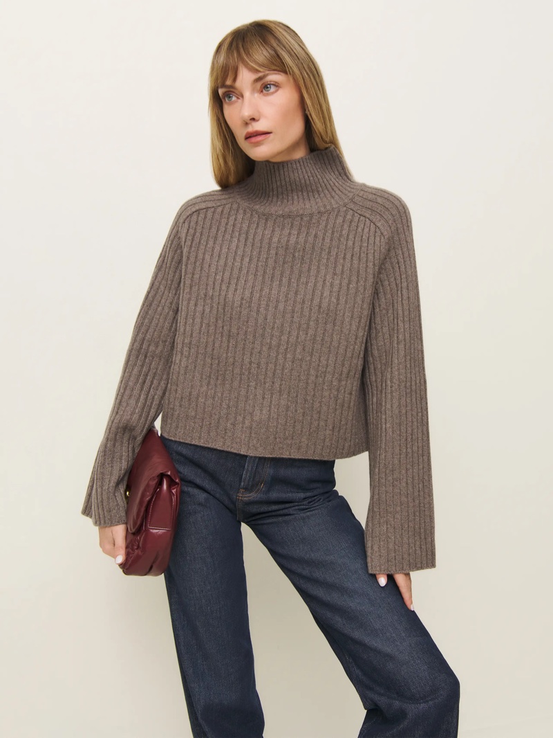 Reformation Brooke Cashmere Cropped Turtleneck in Ribbed Cocoa $298