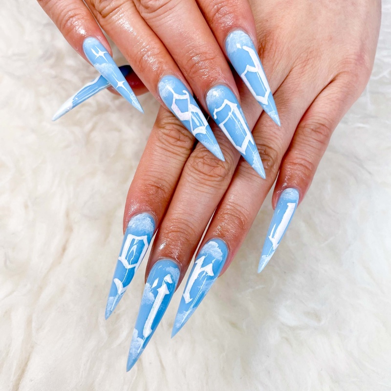 Sky Blue Cloud Long Stiletto Nails