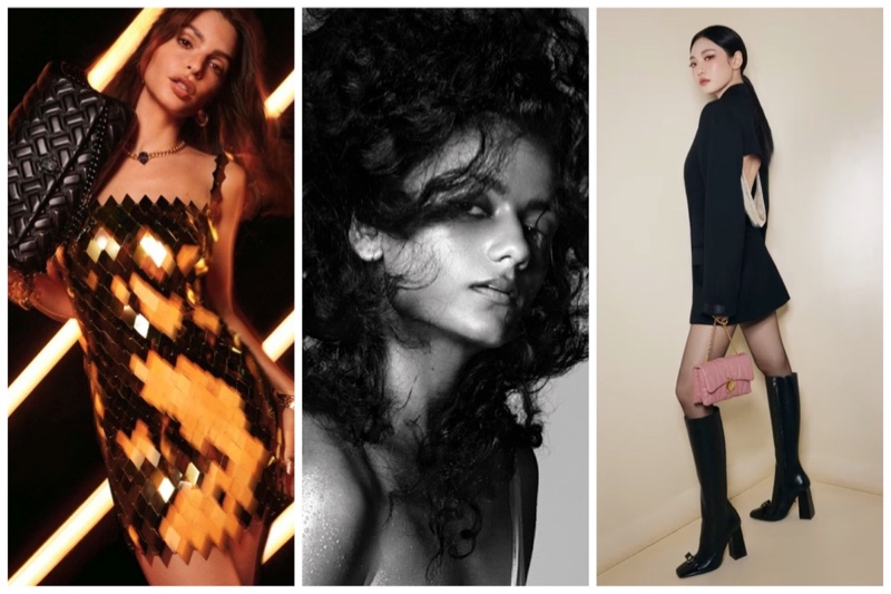 Emily Ratajkowski poses for Kurt Geiger's Holiday 2024 campaign, Simone Ashley in Pirelli 2025 calendar, and Ningning for Versace Holiday 2024 campaign.