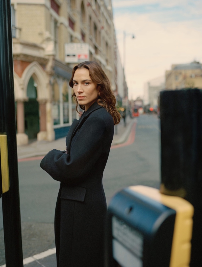 Style icon Alexa Chung looks chic in a structured wool coat from Mango.