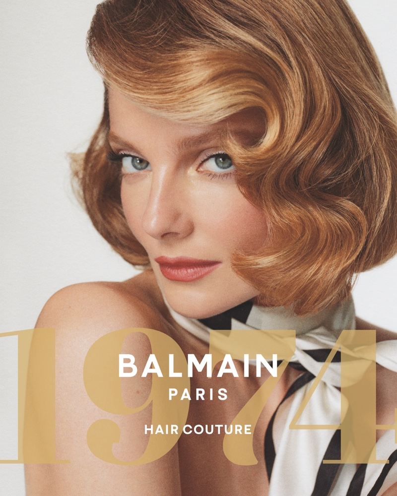 Eniko Mihalik wears sculpted waves in Balmain Hair's retro-inspired ad.