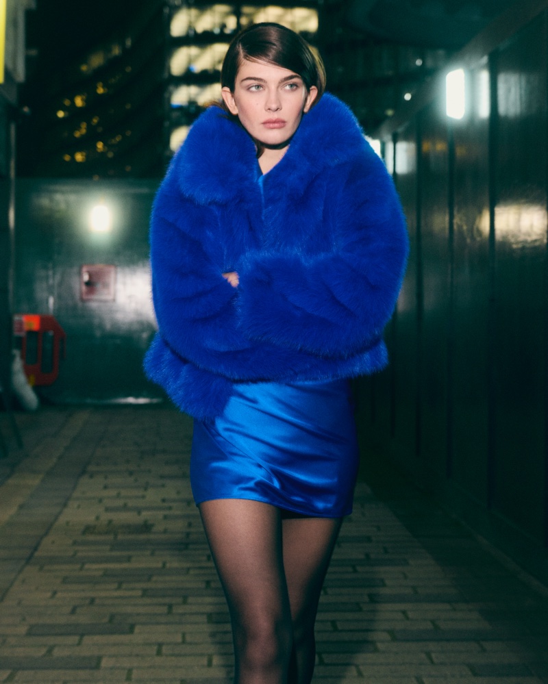 A dazzling blue faux fur jacket and mini dress stand out in Bershka Series II.