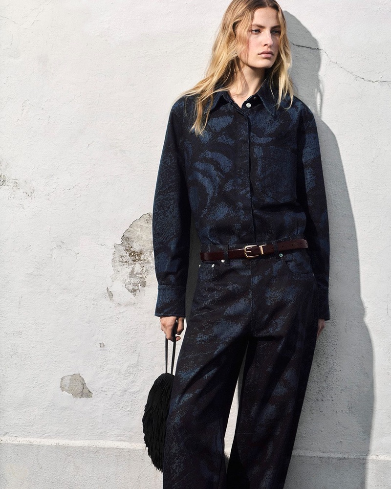 Felice Nova Noordhoff models COS x Chris Perani jacquard denim ensemble.