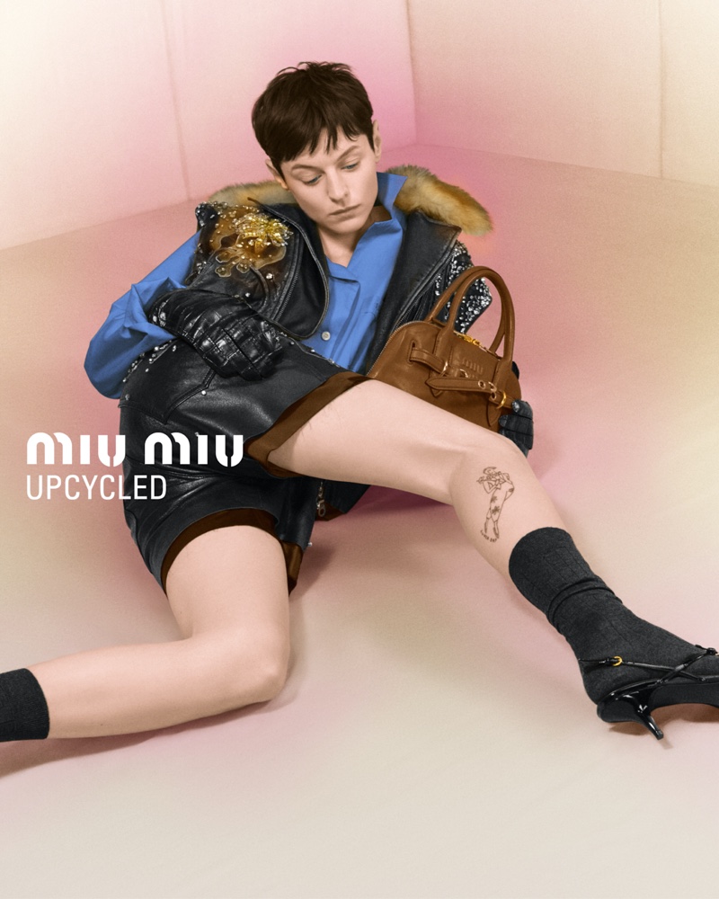 Actor Emma Corrin wears embellished styles in the Miu Miu Upcycled campaign.