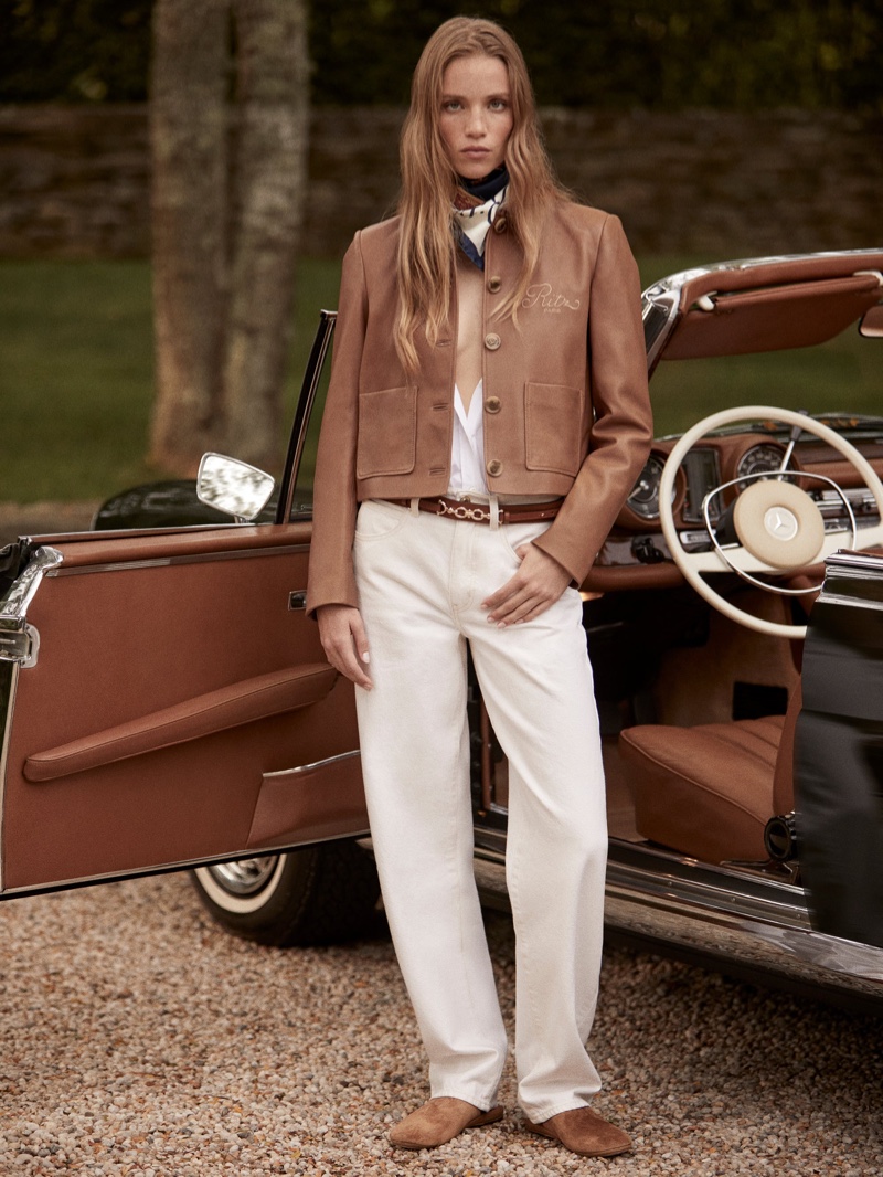 Rebecca Leigh Longendyke models a FRAME x Ritz Paris brown leather jacket.