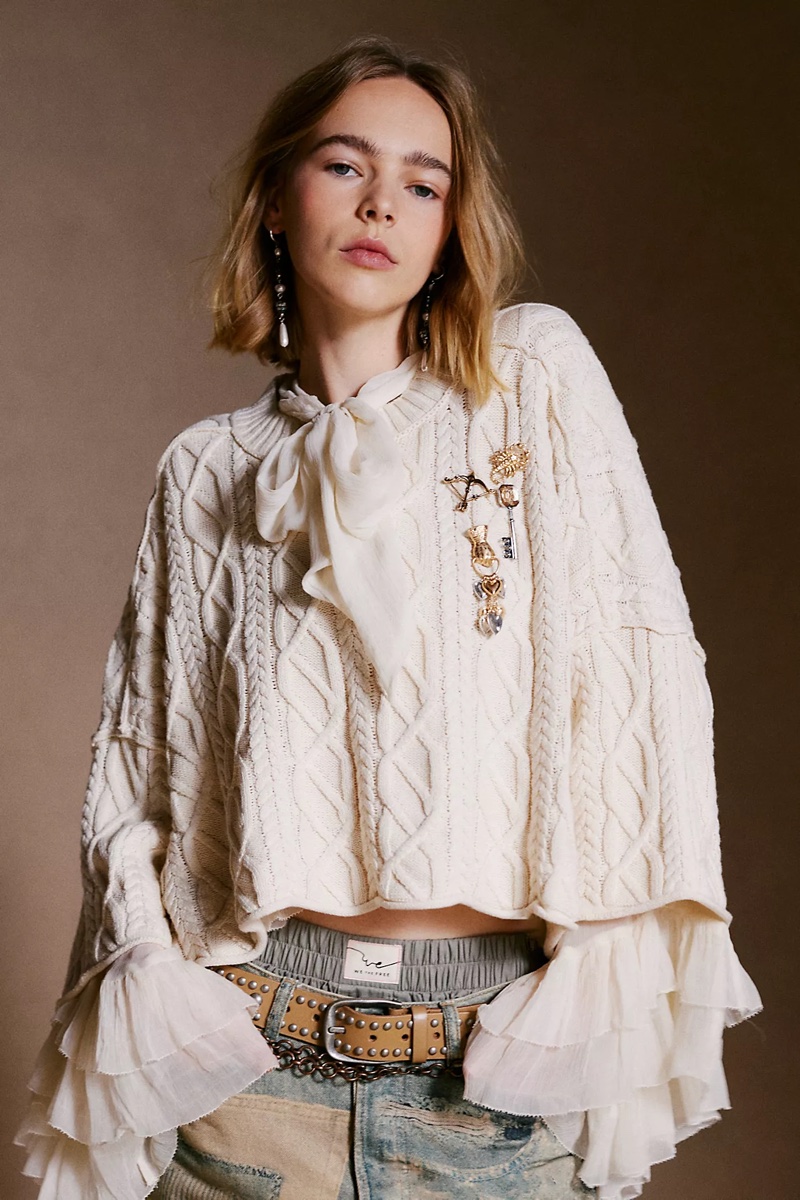 Puck Schrover models Free People Full Sleeve Frill Top and Washed Ashore Sweater.