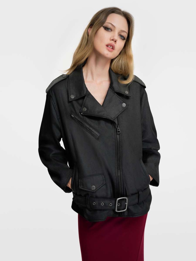 Lindsey Wixson poses in a Gap coated moto denim jacket from the GapStudio collection.