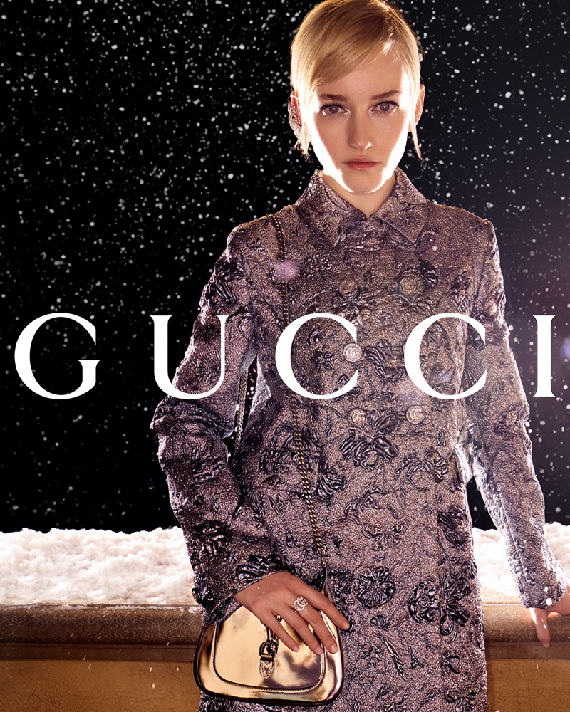 Looking chic in embroidery, Julia Garner fronts the Gucci Gift campaign set in Florence, Italy.