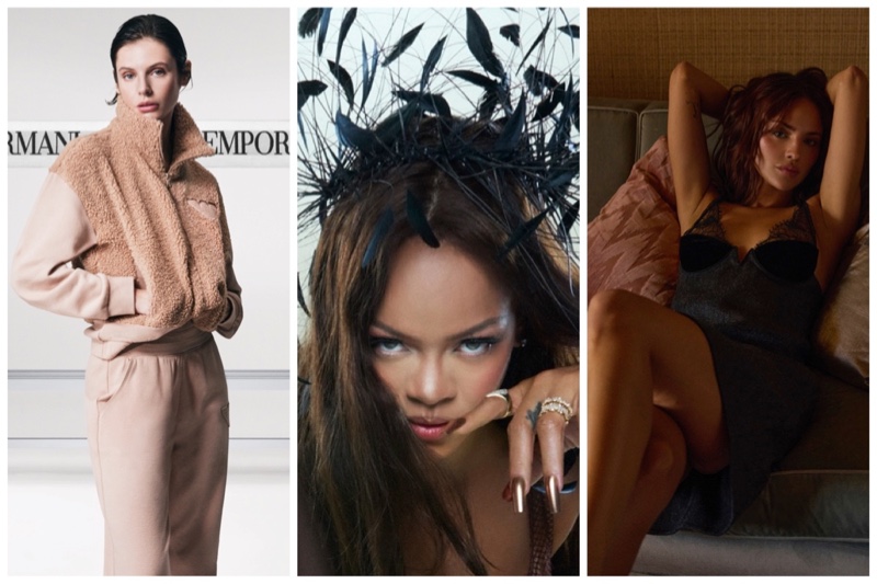 Emporio Armani winter 2024 collection, Rihanna for Savage X Fenty Starlet Nights campaign, and Eiza González in GQ Mexico by David Roemer.