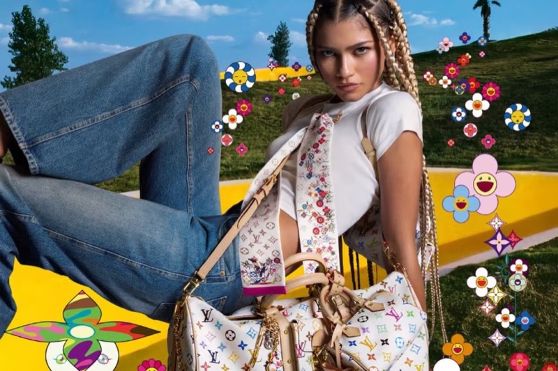 Actress Zendaya shows off jeans in the collaboration ad for Louis Vuitton x Murakami.