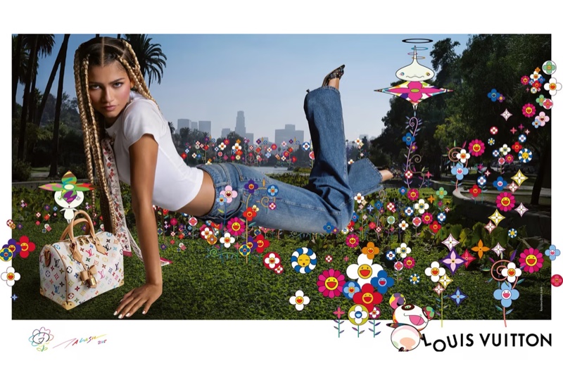 Surrounded by flowers, Zendaya fronts the Louis Vuitton x Murakami ad.