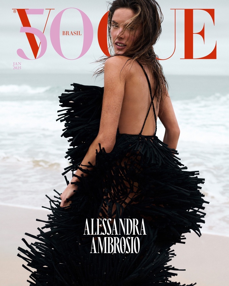 Captured on the beach, Alessandra Ambrosio wears LED dress for Vogue Brazil's January 2025 cover.