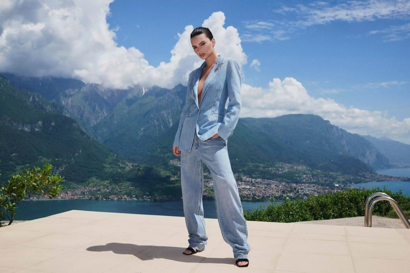 Emily Ratajkowski poses in a denim look from her new Marella collaboration.