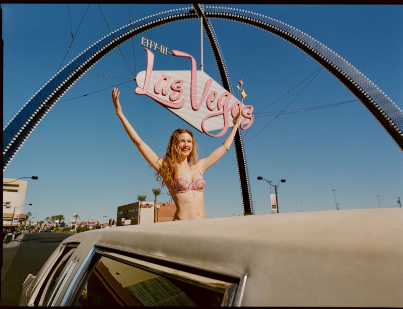 Lindsey Wixson poses in Las Vegas with For Love & Lemons' Valentine's Day 2025 lingerie.