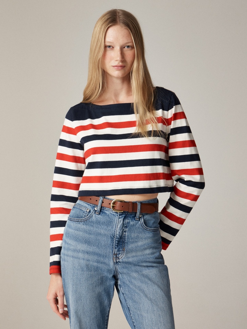 J. Crew embraces stripes with Ultra-cropped mariner cotton boatneck T-shirt and High-rise flare jeans in 1996 semi-stretch.