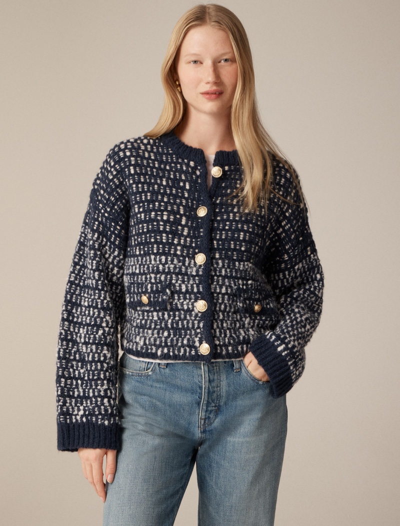 Dress up in a J. Crew Relaxed jacket in tweed and Mid-rise distressed slouchy jean in 1984 rigid.