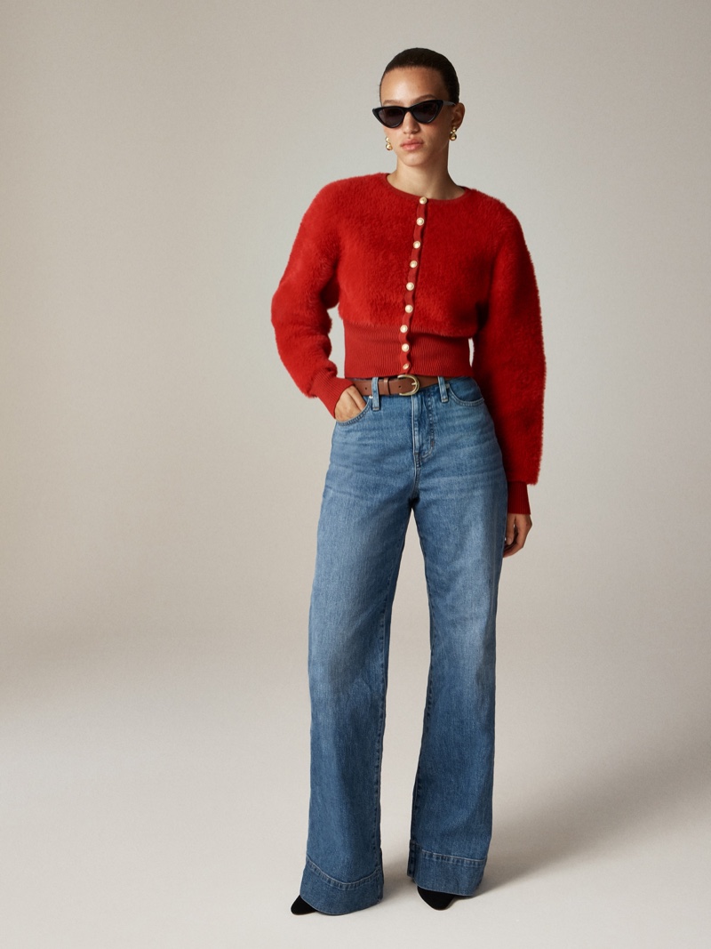 Embrace knitwear in J. Crew's Fitted-waist cardigan sweater and Curvy denim trouser in 1996 semi-stretch.