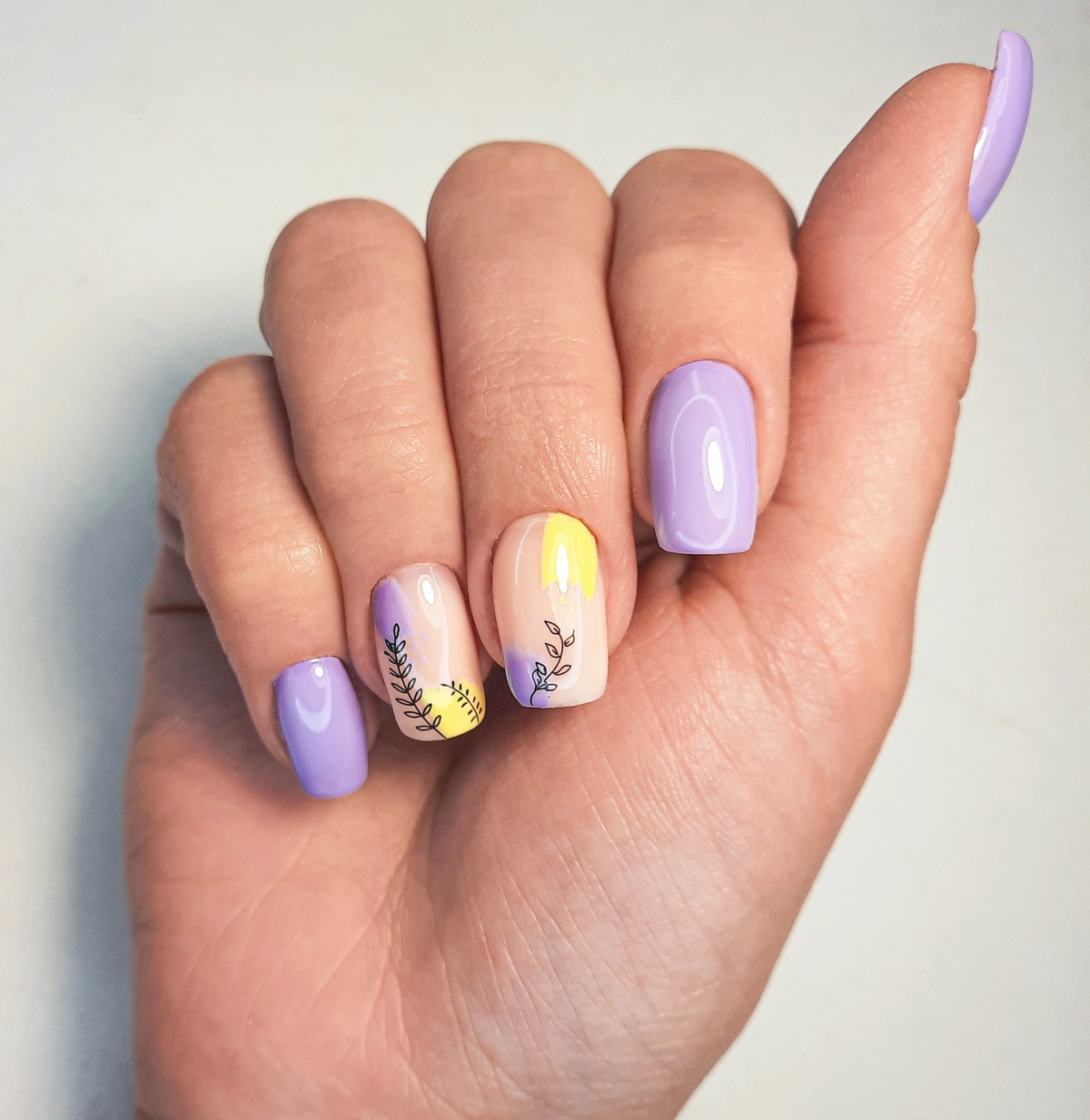 Purple Yellow Ombre Floral Nails