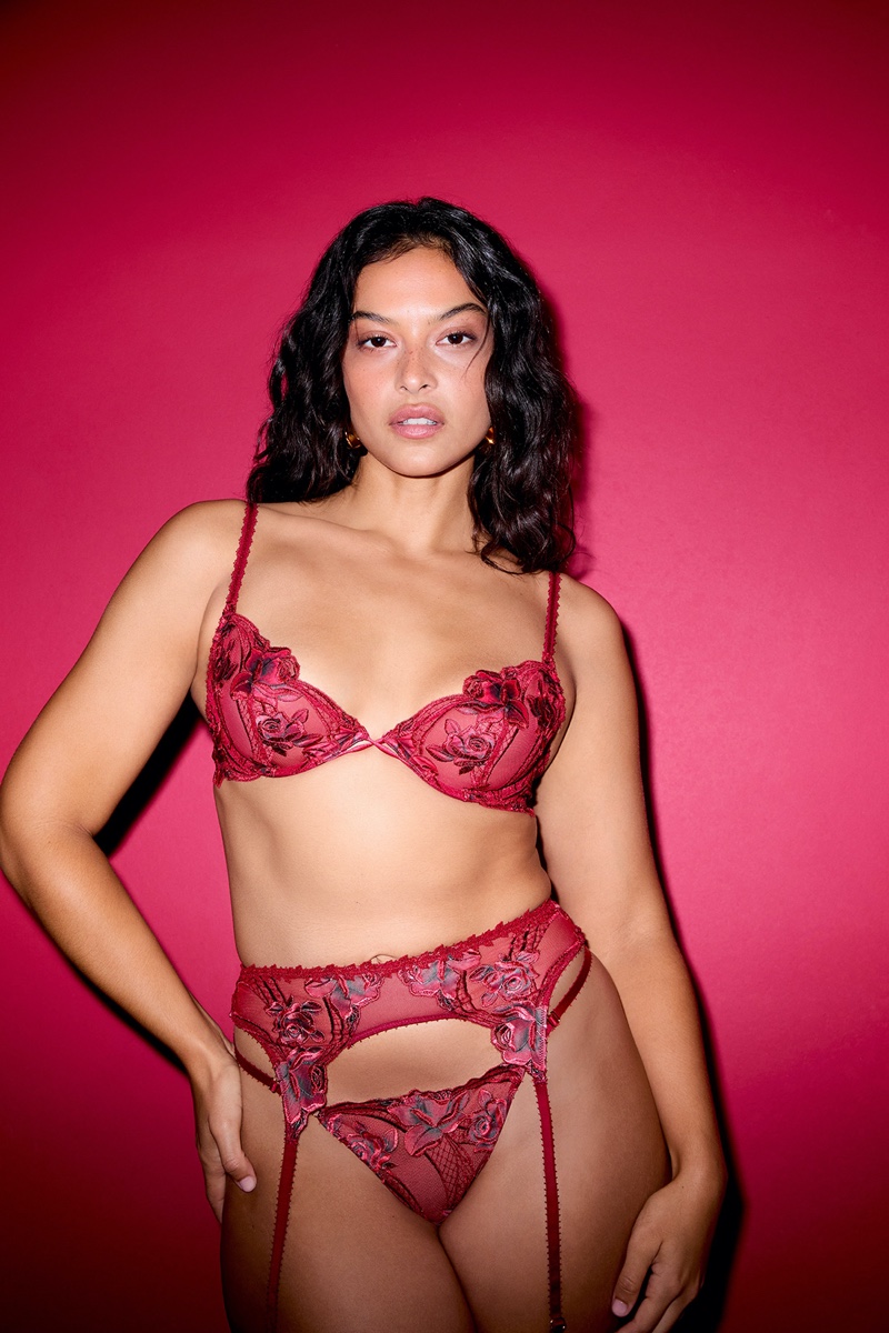 Devyn Garcia models red rose lingerie set from Victoria's Secret.