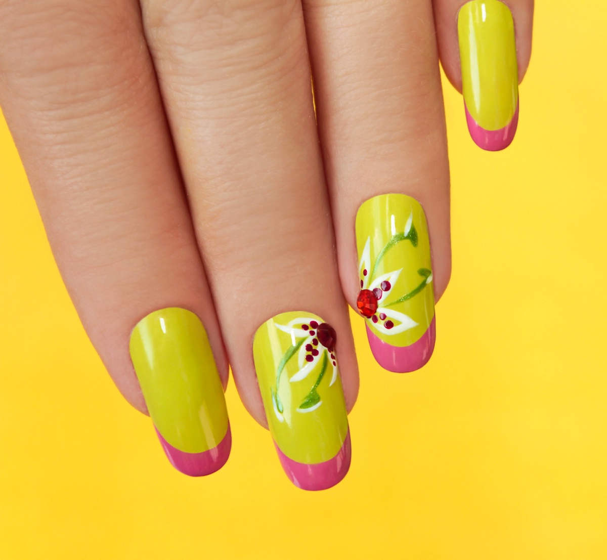 Yellow Florals Pink Tips Spring Nails