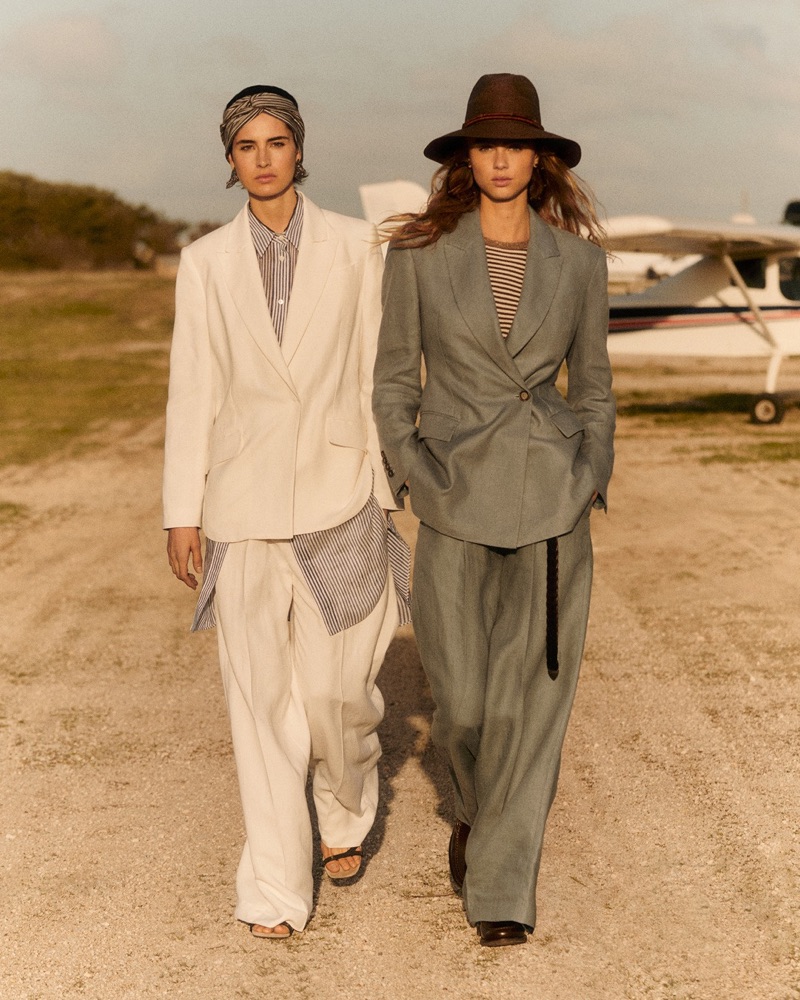 Africa Peñalver and Olivia Vinten pose in suits for Brunello Cucinelli's spring 2025 campaign.