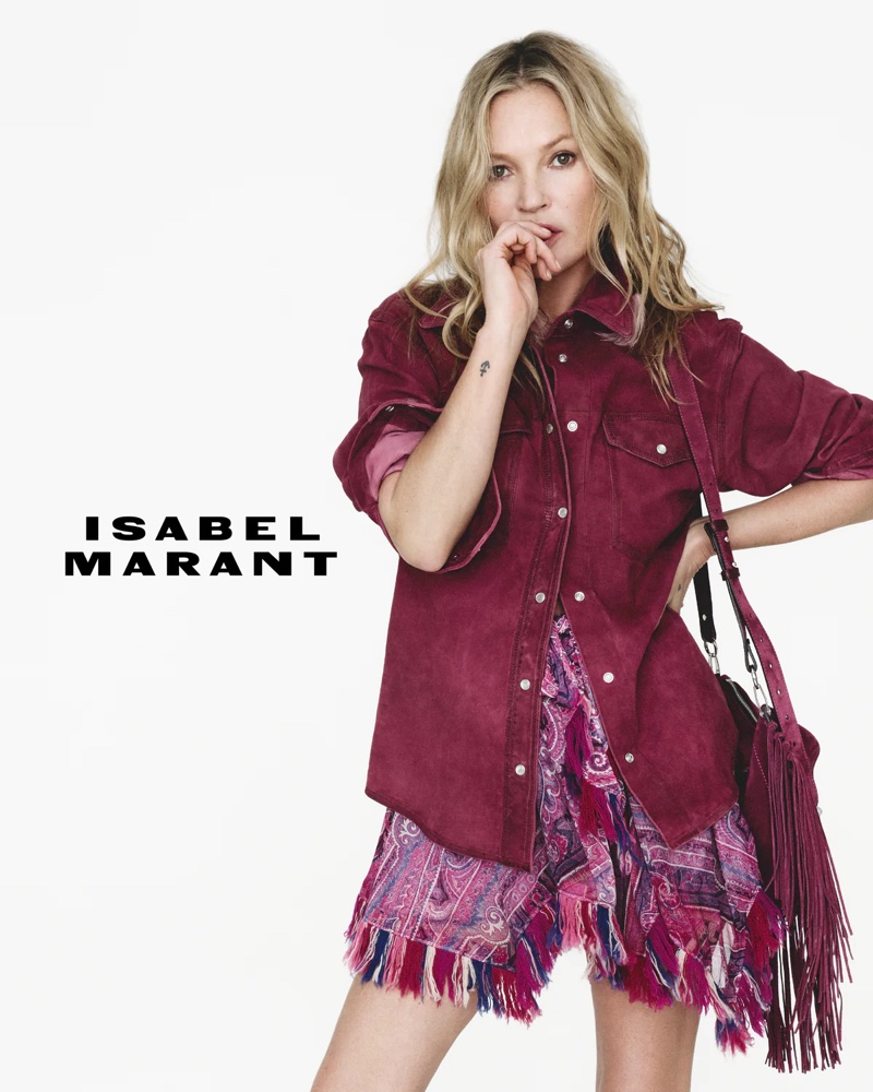 Kate Moss rocks fringe in Isabel Marant's spring-summer 2025 campaign.