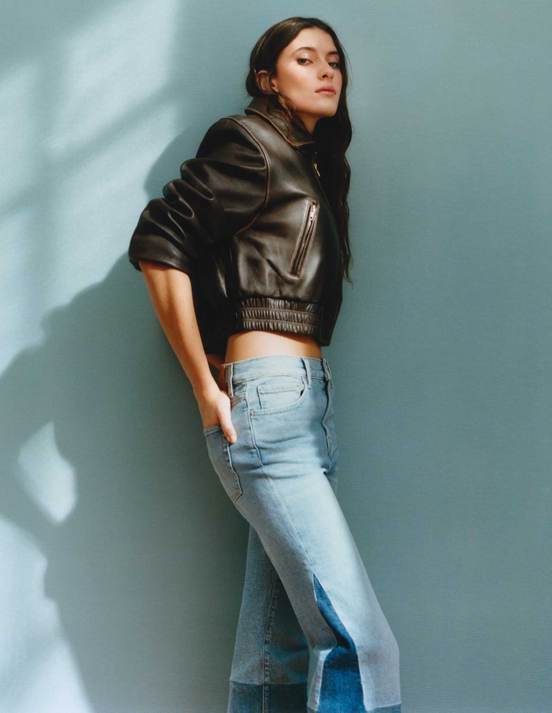 Maje features a leather jacket and patchwork jeans in its spring-summer 2025 campaign.