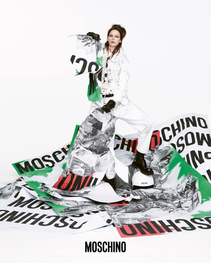 Elise Crombez poses in Moschino's spring 2025 campaign.