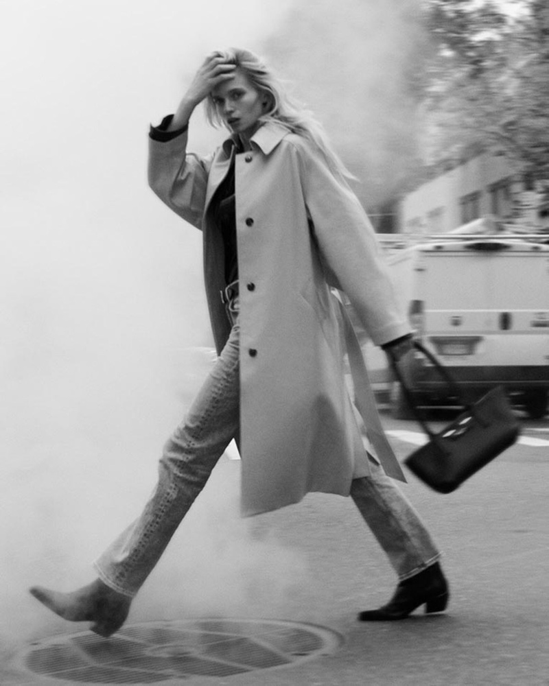 Abbey Lee Kershaw poses on the streets of New York City in rag & bone's spring 2025 campaign.