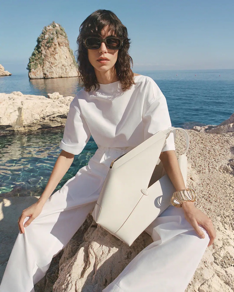 Mica Arganaraz wears an all-white look in Tod's spring-summer 2025 campaign.