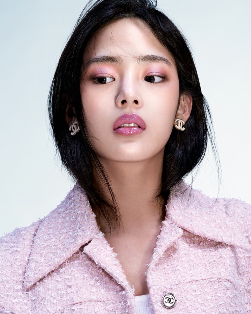 Minji stars in Chanel's Camélia Futura makeup campaign.