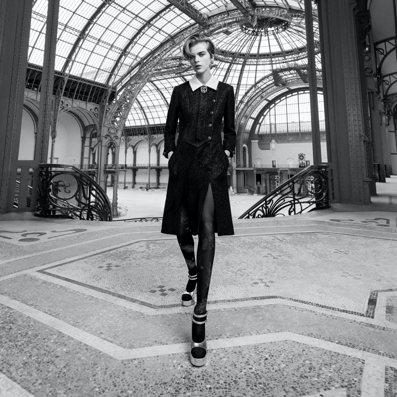 Libby Bennett poses at the Grand Palais for Chanel's spring-summer 2025 campaign.