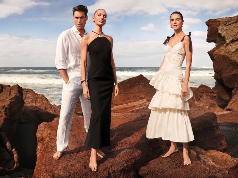 Jon Kortajarena, Candice Swanepoel, and Alessandra Ambrosio model in Lanzarote for El Corte Inglés spring 2025 campaign.