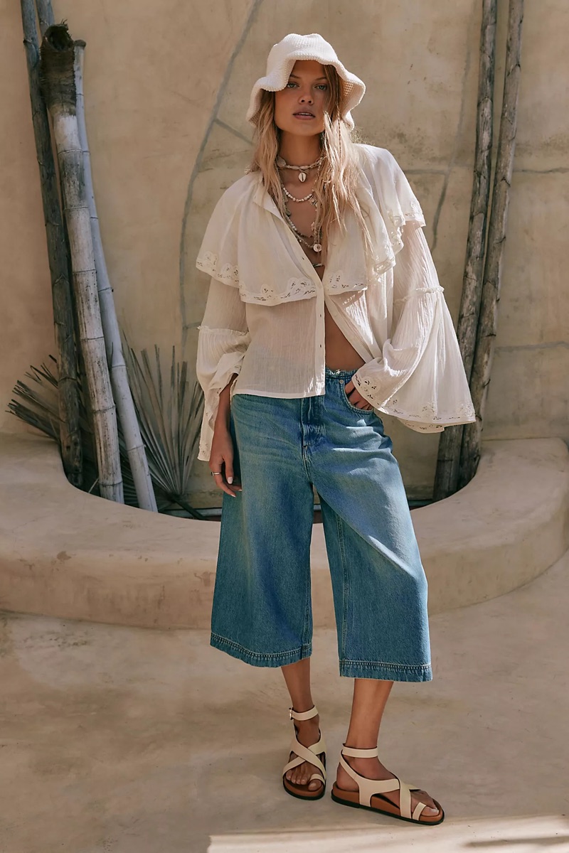 Say hello to spring with Free People's Riley Battenburg Blouse & We The Free Lighthouse Slouch Jeans.