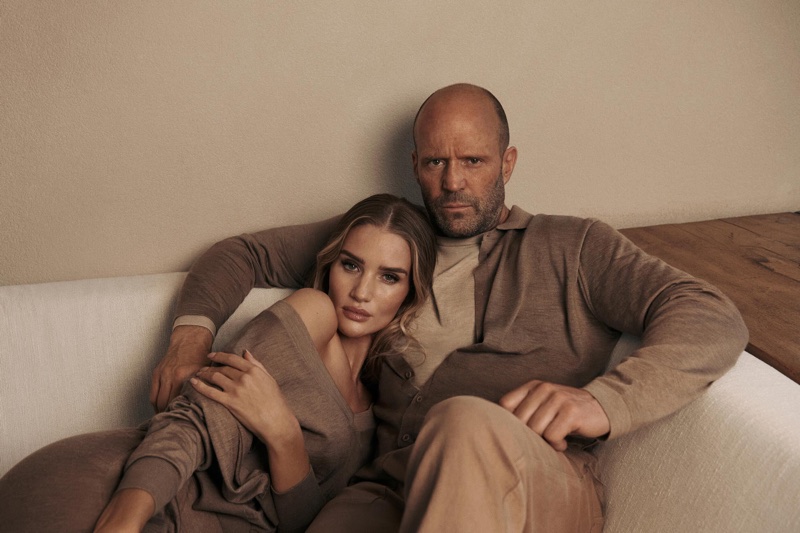 Rosie Huntington-Whiteley and Jason Statham pose in Falconeri's spring-summer 2025 campaign.