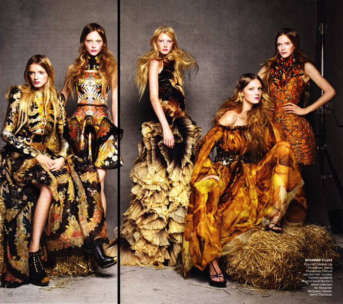 Lily Donaldson, Sasha Pivovarova & Caroline Trentini in Alexander McQueen Spring 2011 for Vogue US