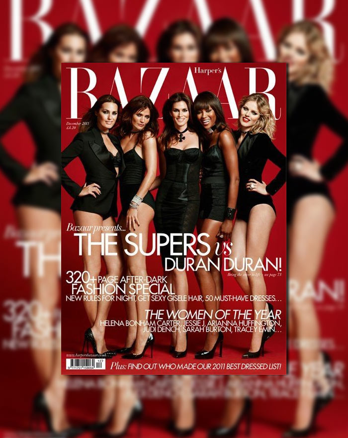 Naomi Campbell, Cindy Crawford, Helena Christensen, Eva Herzigova & Yasmin le Bon Cover Harper's Bazaar UK December 2011